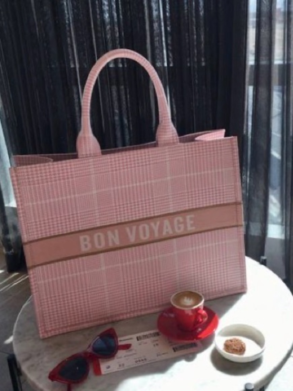 Sojourne Luggage "Bonjour"
Pink Checkered Tote Bag